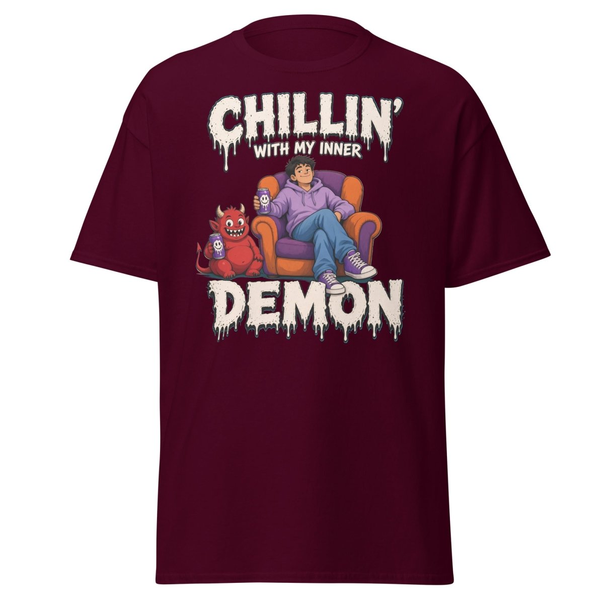 Chillin' With My Inner Demon Funny Graphic T-Shirt - Maroon - TeeRipple