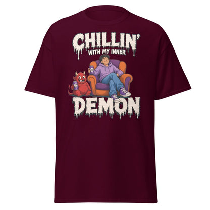 Chillin' With My Inner Demon Funny Graphic T-Shirt - Maroon - TeeRipple