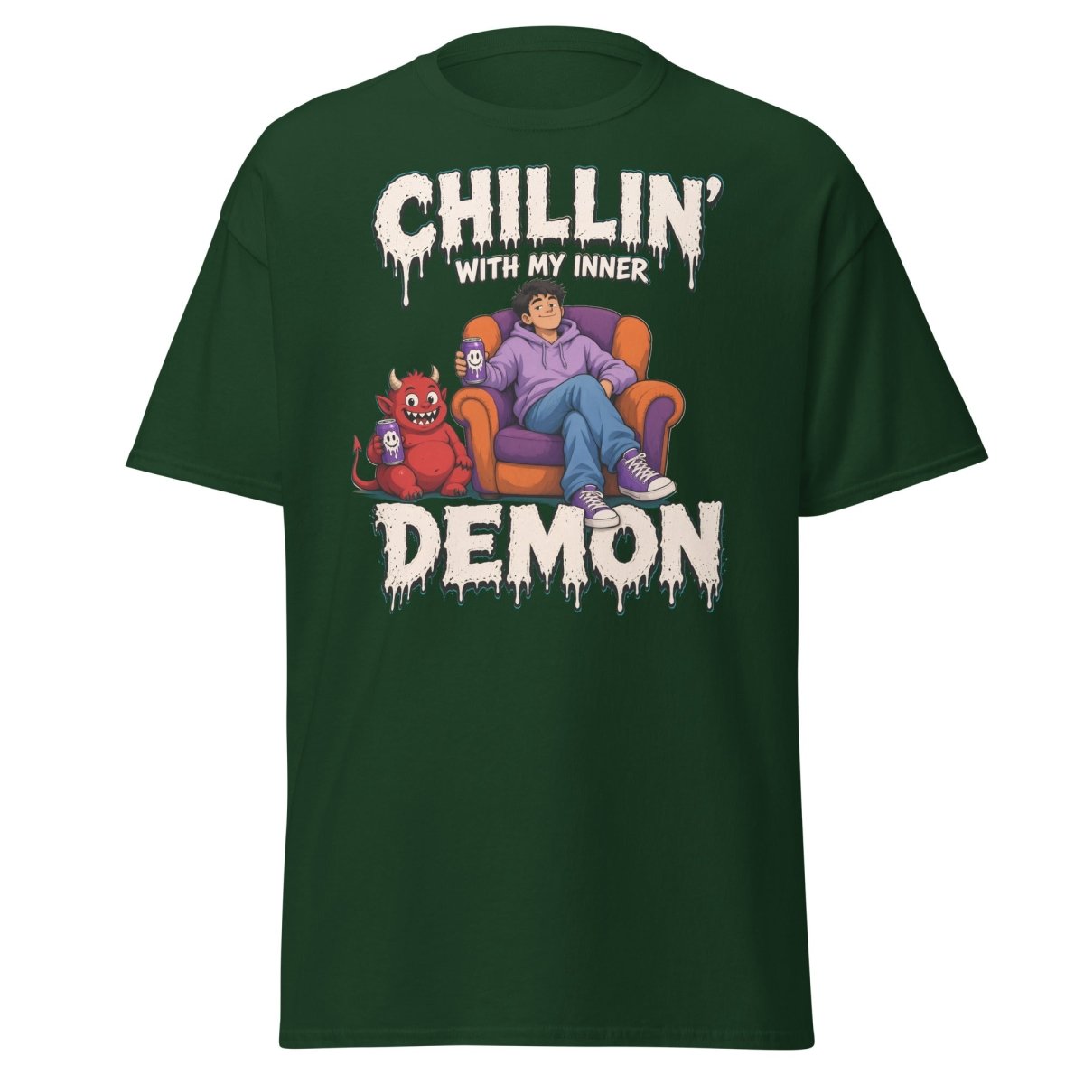 Chillin' With My Inner Demon Funny Graphic T-Shirt - Forest Green - TeeRipple