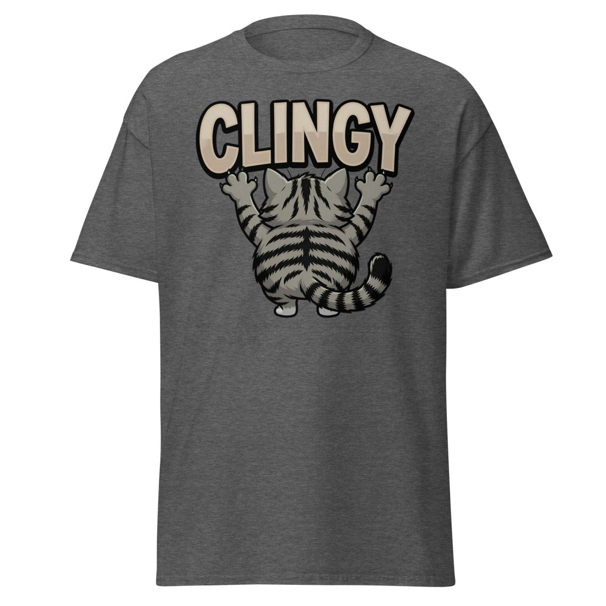 Clingy Cat T-Shirt – Funny Clingy Humor Graphic Tee - Dark Heather - TeeRipple