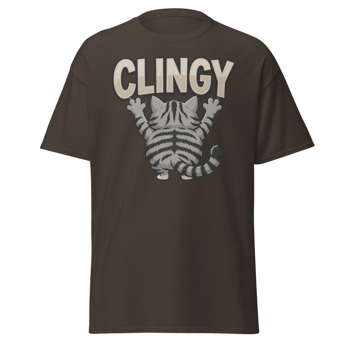 Clingy Cat T-Shirt – Funny Clingy Humor Graphic Tee - Dark Chocolate - TeeRipple