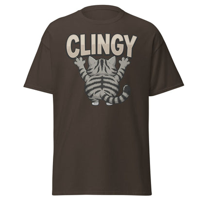 Clingy Cat T-Shirt – Funny Clingy Humor Graphic Tee - Dark Chocolate - TeeRipple