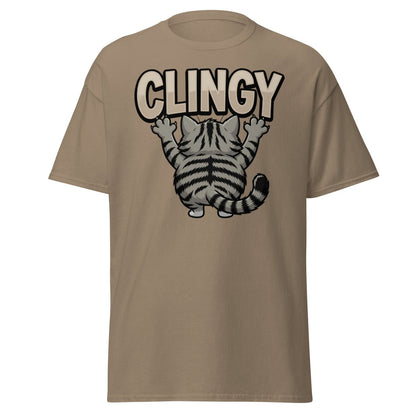 Clingy Cat T-Shirt – Funny Clingy Humor Graphic Tee - Brown Savana - TeeRipple