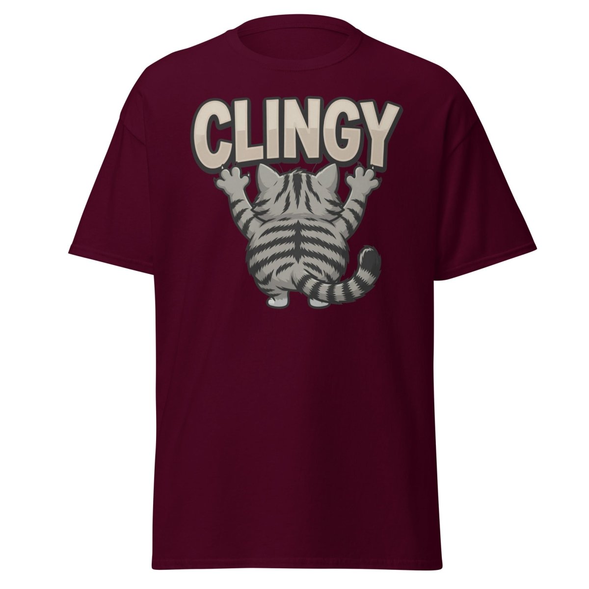 Clingy Cat T-Shirt – Funny Clingy Humor Graphic Tee - Maroon - TeeRipple