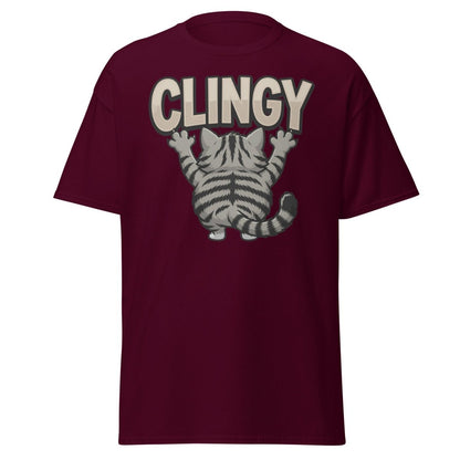 Clingy Cat T-Shirt – Funny Clingy Humor Graphic Tee - Maroon - TeeRipple