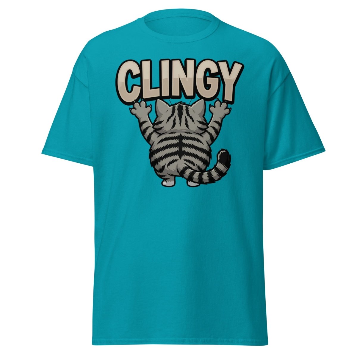 Clingy Cat T-Shirt – Funny Clingy Humor Graphic Tee - Tropical Blue - TeeRipple