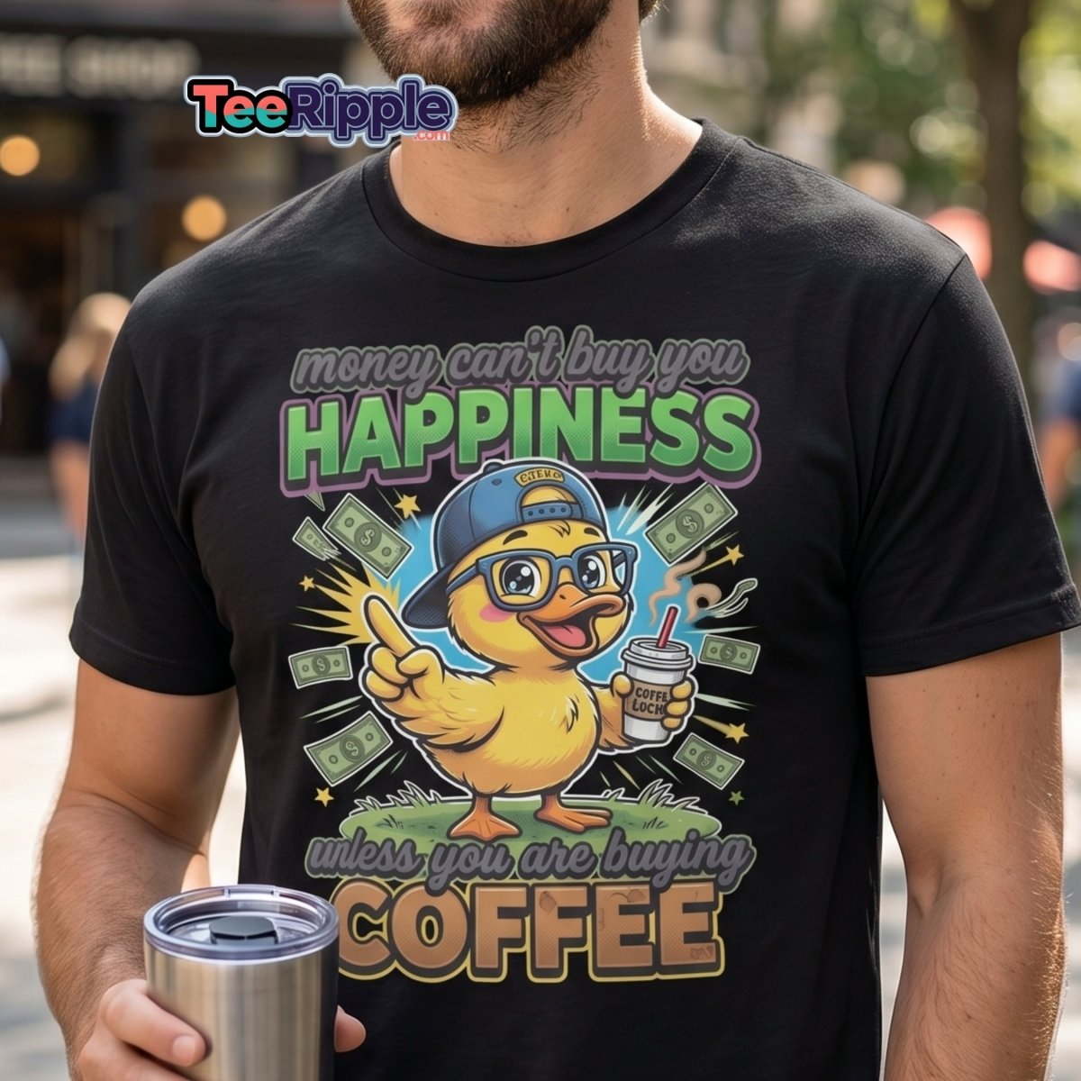 Coffee Duck T-Shirt - Money Can't Buy Happiness Funny Tee - Maroon - TeeRipple