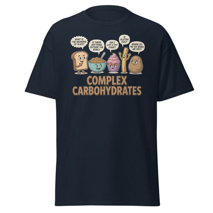 Complex Carbohydrates Funny T-Shirt – Existential Carbs Tee - Navy - TeeRipple