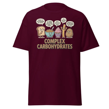 Complex Carbohydrates Funny T-Shirt – Existential Carbs Tee - Maroon - TeeRipple