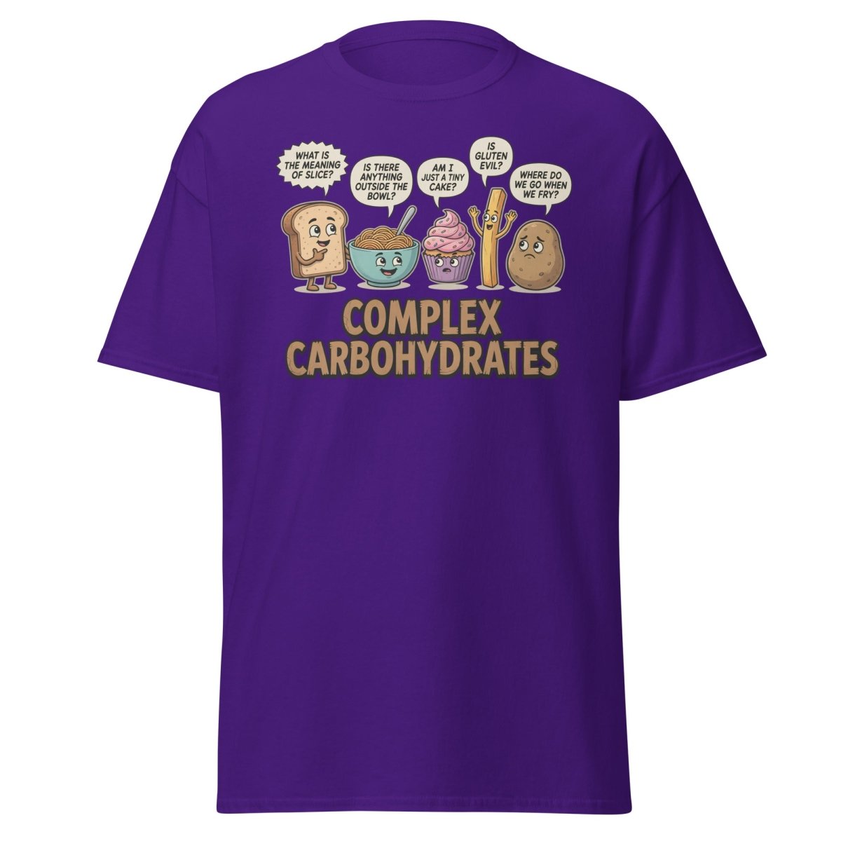 Complex Carbohydrates Funny T-Shirt – Existential Carbs Tee - Purple - TeeRipple