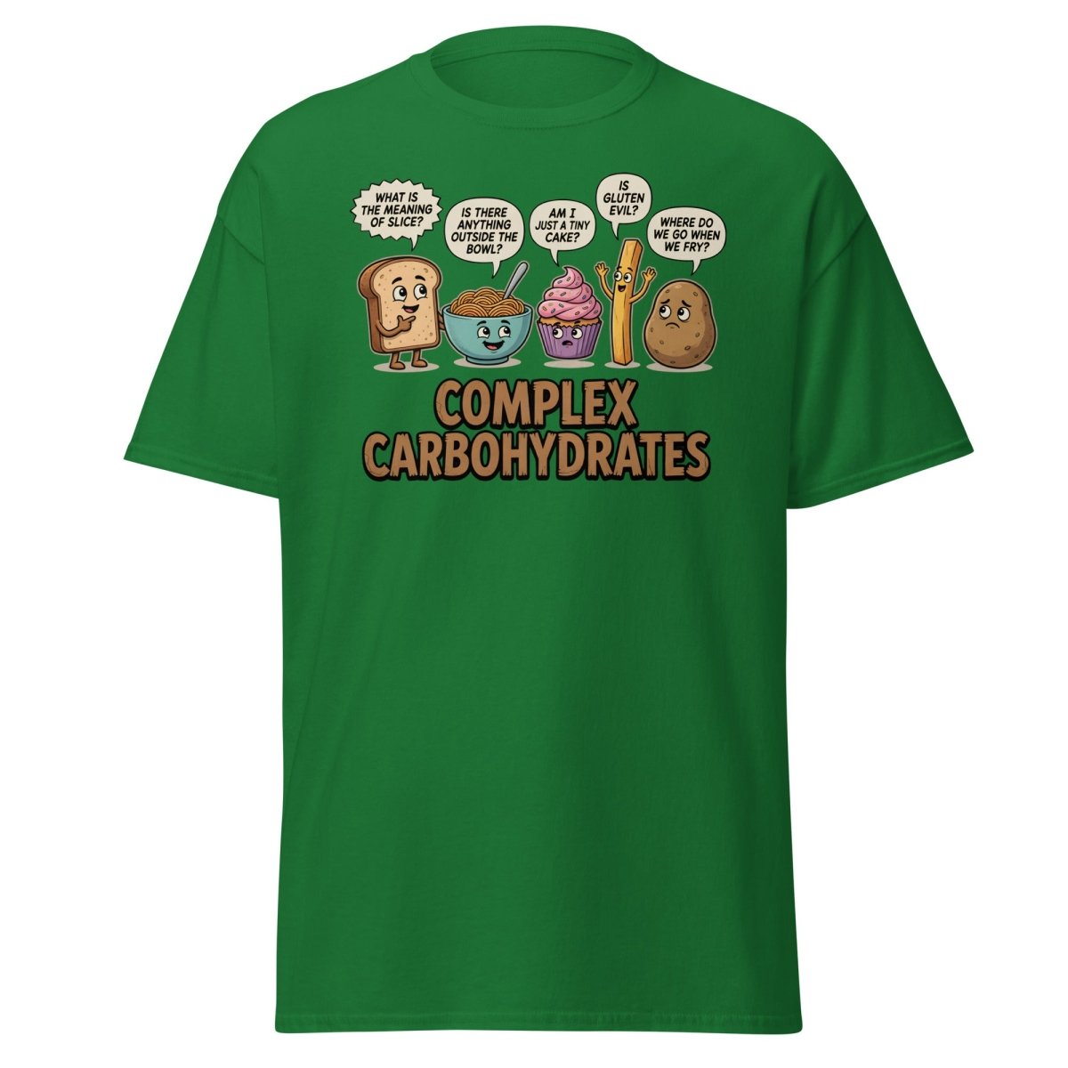 Complex Carbohydrates Funny T-Shirt – Existential Carbs Tee - Turf Green - TeeRipple