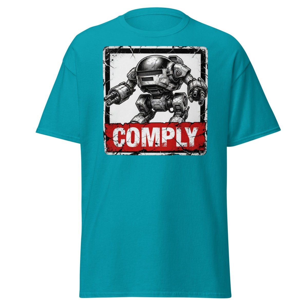 Comply Robot T-Shirt – Funny Sci-Fi Graphic Tee - Tropical Blue - TeeRipple