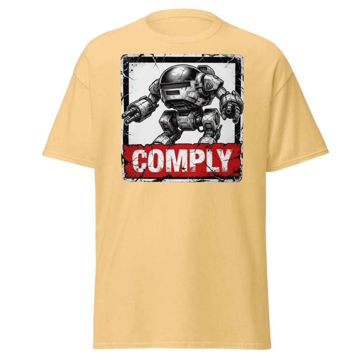 Comply Robot T-Shirt – Funny Sci-Fi Graphic Tee - Yellow Haze - TeeRipple