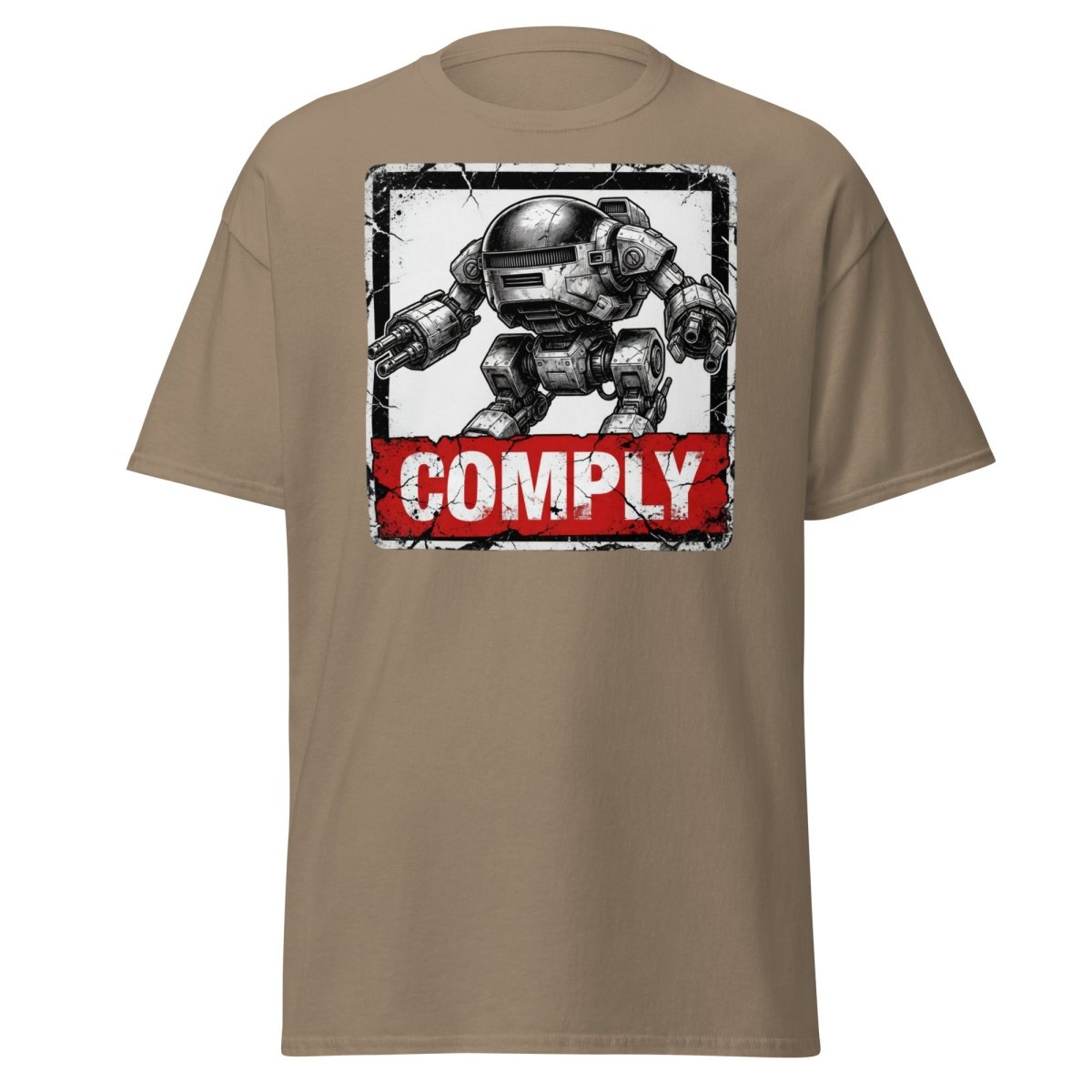Comply Robot T-Shirt – Funny Sci-Fi Graphic Tee - Brown Savana - TeeRipple