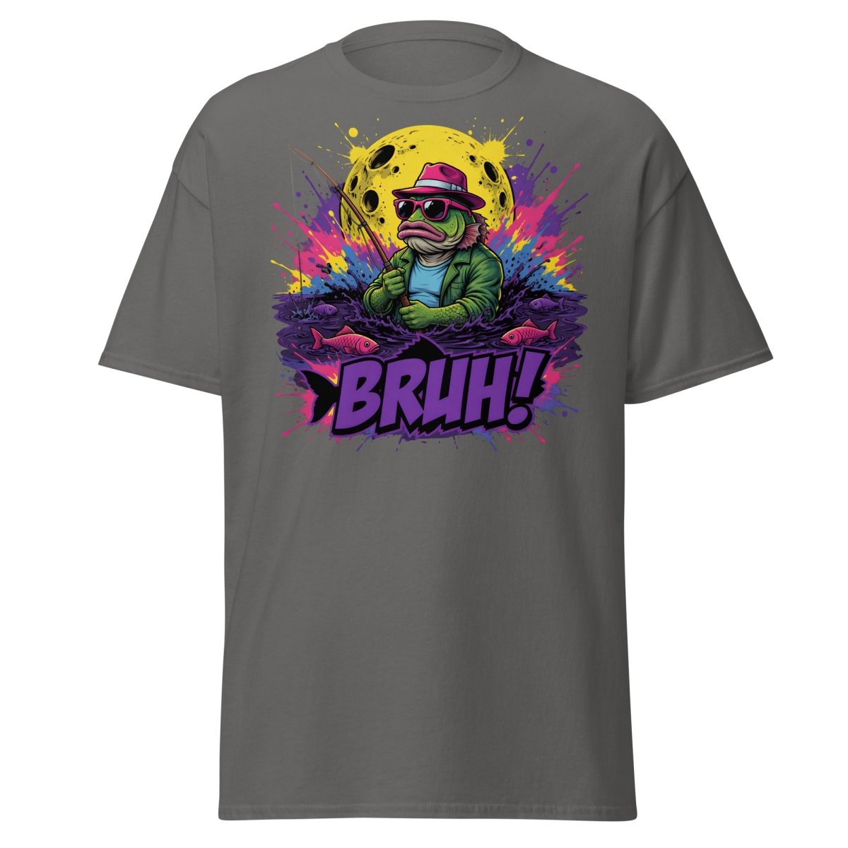 Cool Frog Fishing Bruh T-Shirt – Funny Graphic Tee - Charcoal - TeeRipple