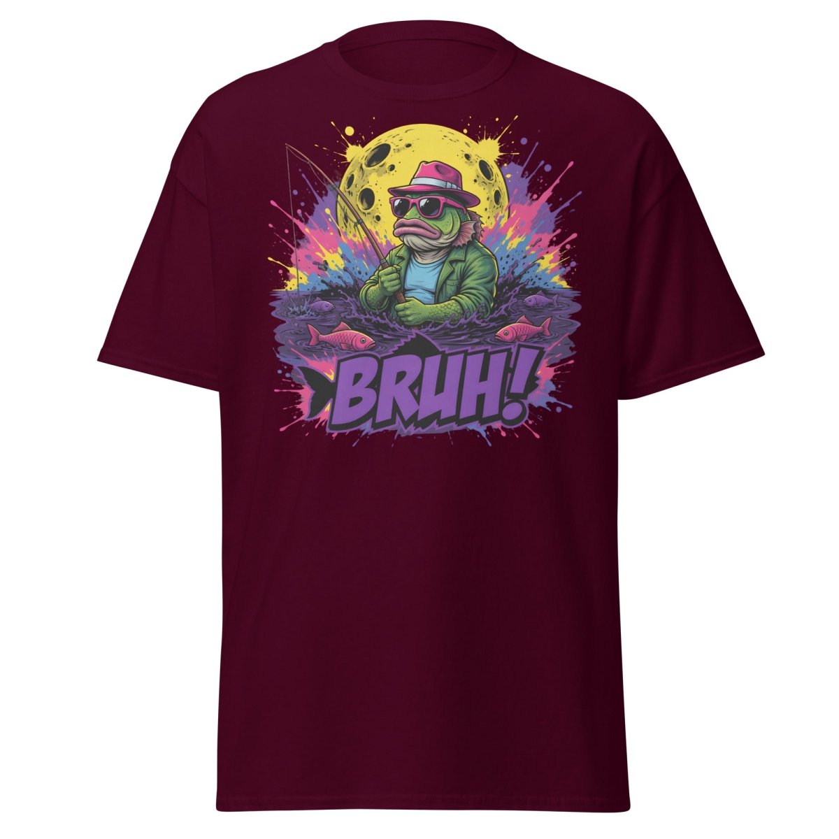 Cool Frog Fishing Bruh T-Shirt – Funny Graphic Tee - Maroon - TeeRipple