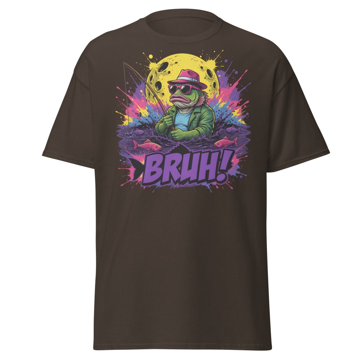 Cool Frog Fishing Bruh T-Shirt – Funny Graphic Tee - Dark Chocolate - TeeRipple