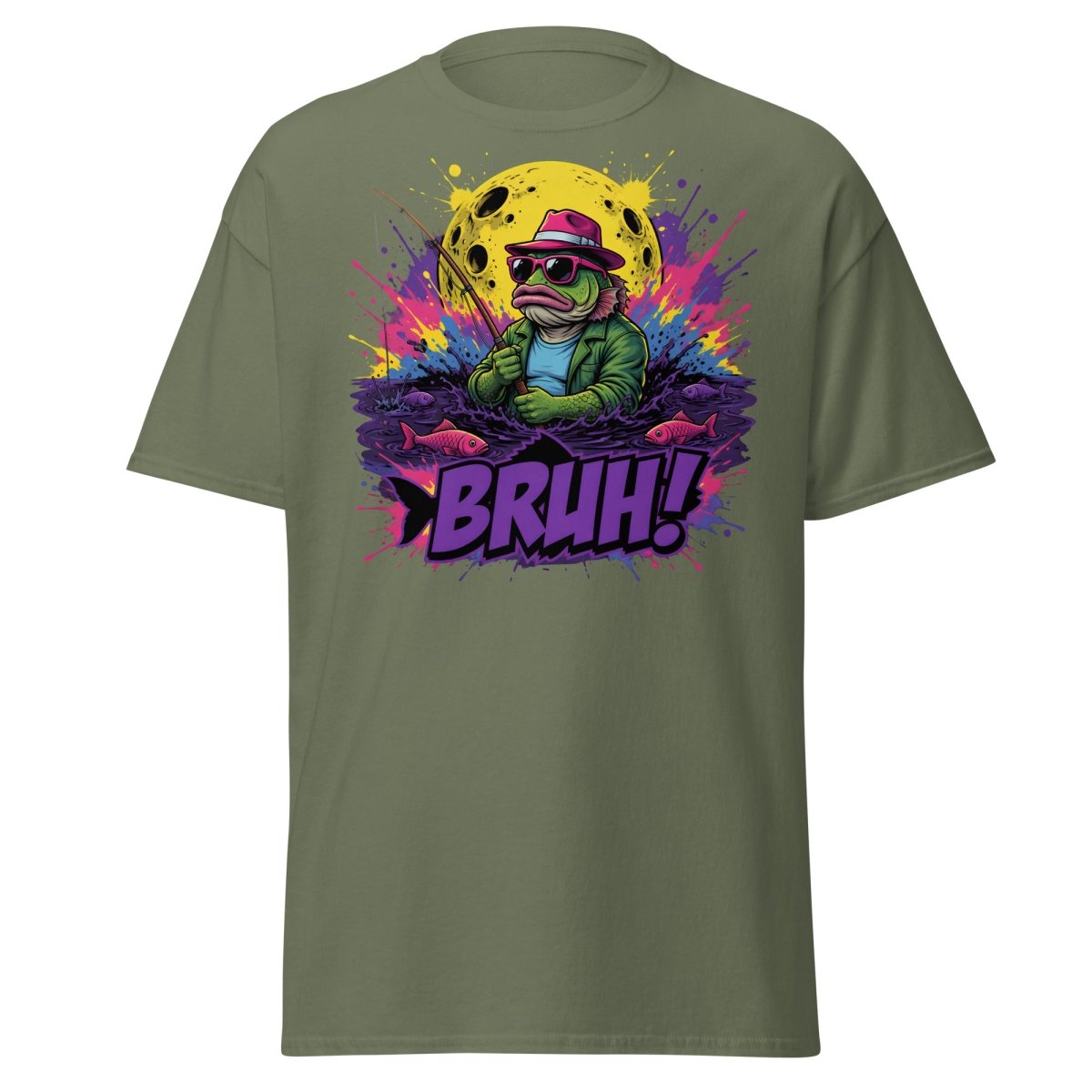 Cool Frog Fishing Bruh T-Shirt – Funny Graphic Tee - Military Green - TeeRipple