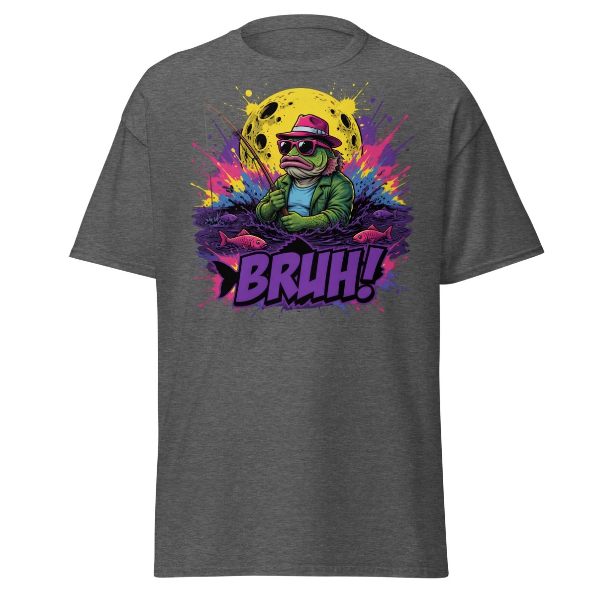 Cool Frog Fishing Bruh T-Shirt – Funny Graphic Tee - Dark Heather - TeeRipple
