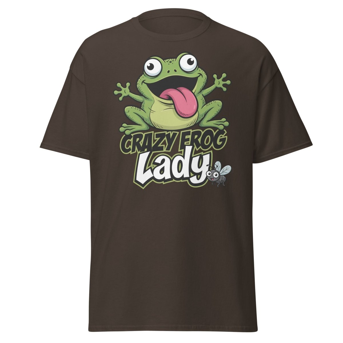 Crazy Frog Lady T-Shirt | Funny Cartoon Frog Tee - Dark Chocolate - TeeRipple