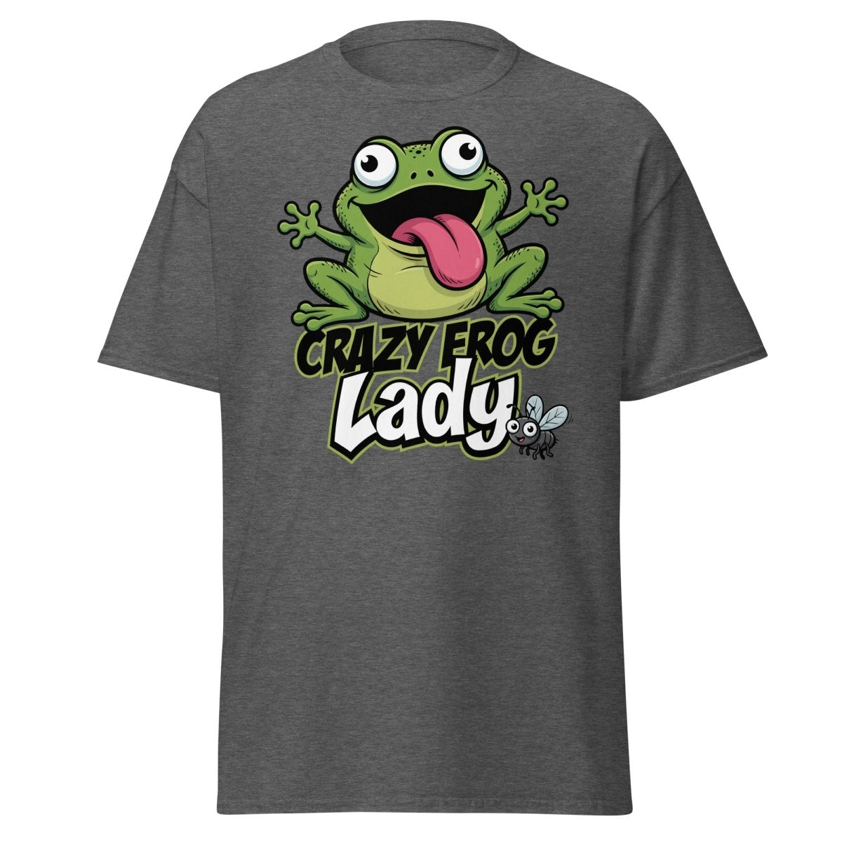 Crazy Frog Lady T-Shirt | Funny Cartoon Frog Tee - Dark Heather - TeeRipple