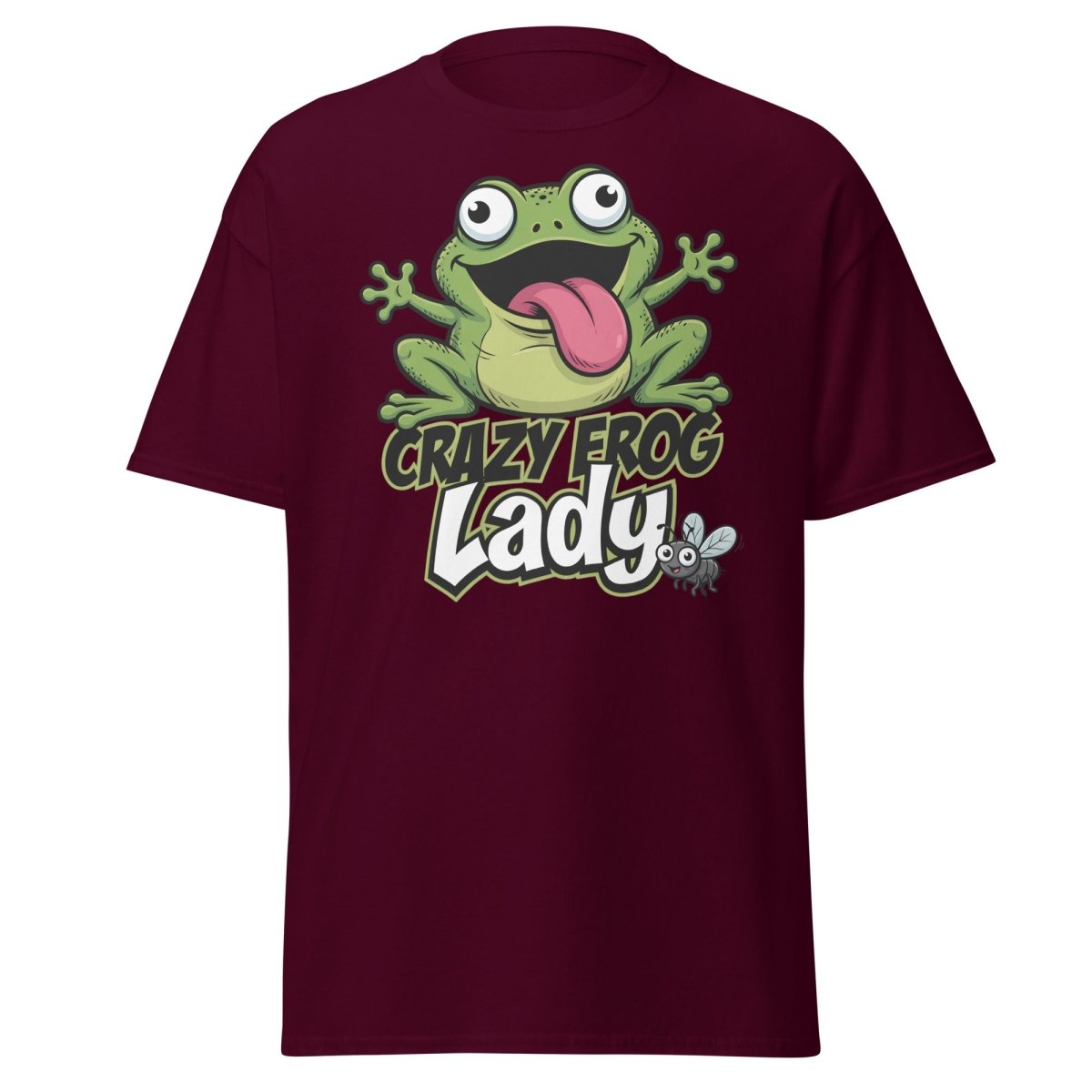 Crazy Frog Lady T-Shirt | Funny Cartoon Frog Tee - Maroon - TeeRipple