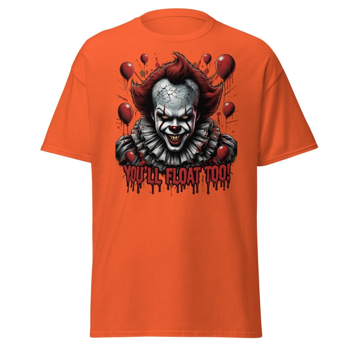 Creepy Clown You'll Float Too T-Shirt - Horror Graphic Tee - Orange - TeeRipple