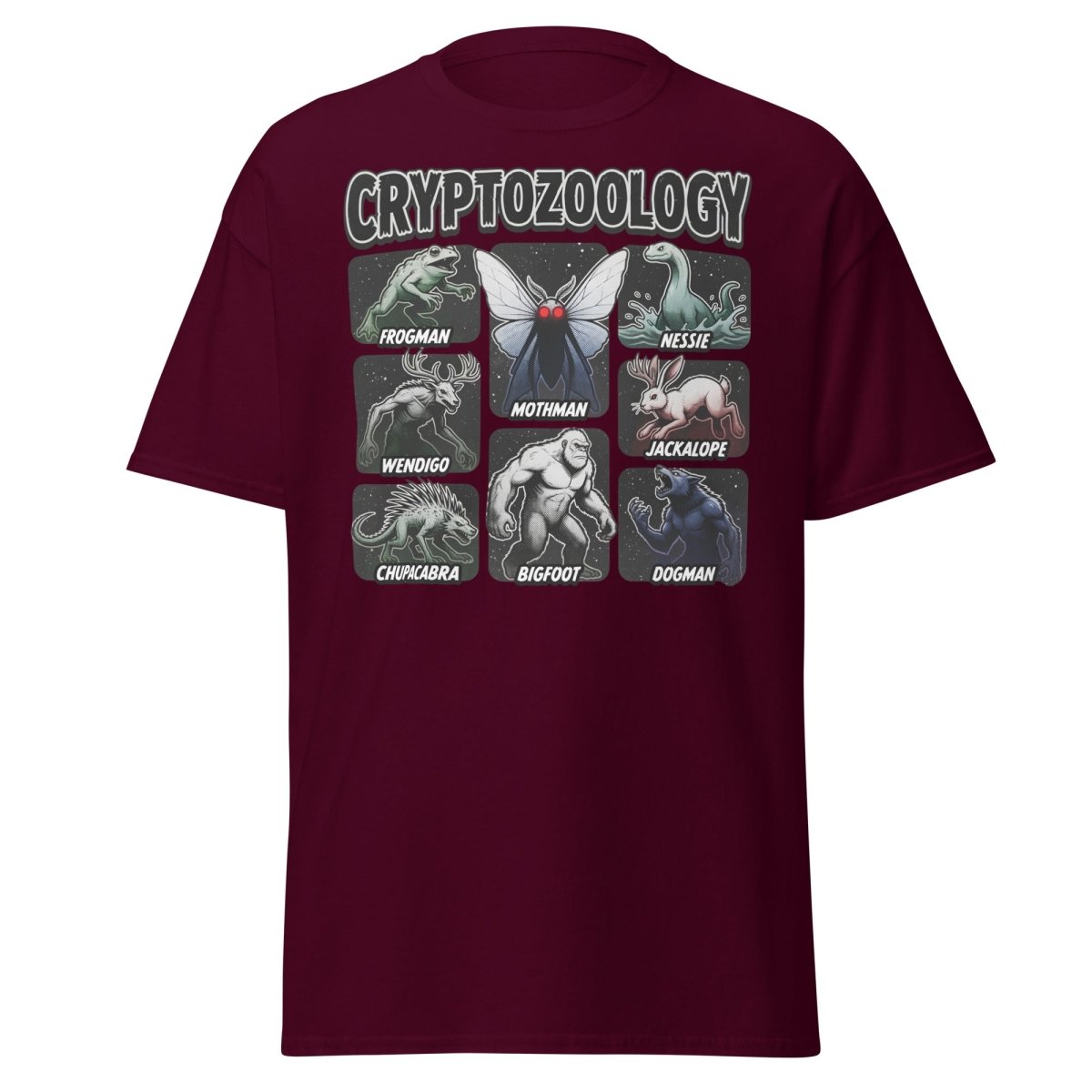 Cryptozoology Cryptids T-Shirt | Mothman Bigfoot Nessie Tee - Maroon - TeeRipple