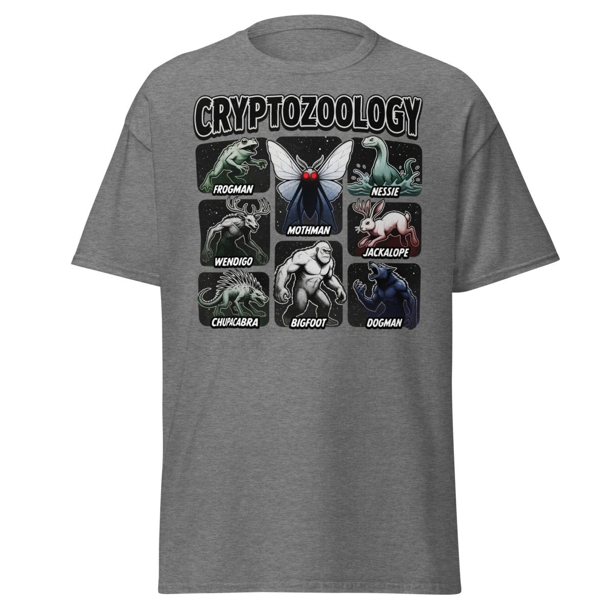Cryptozoology Cryptids T-Shirt | Mothman Bigfoot Nessie Tee - Graphite Heather - TeeRipple