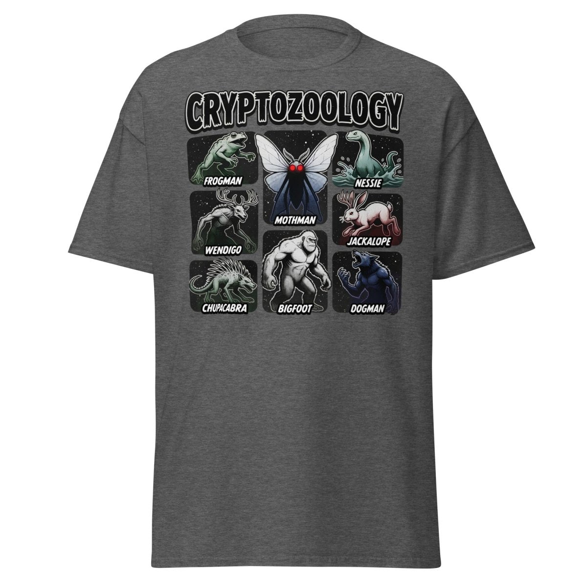 Cryptozoology Cryptids T-Shirt | Mothman Bigfoot Nessie Tee - Dark Heather - TeeRipple