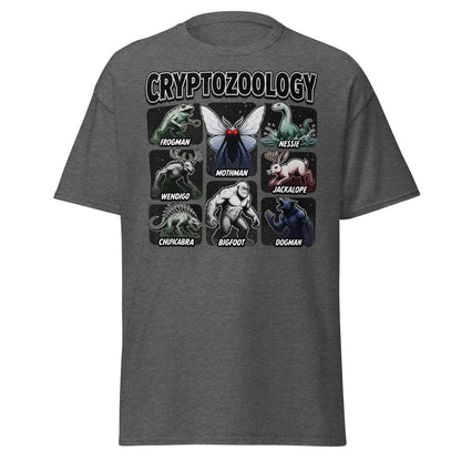 Cryptozoology Cryptids T-Shirt | Mothman Bigfoot Nessie Tee - Dark Heather - TeeRipple