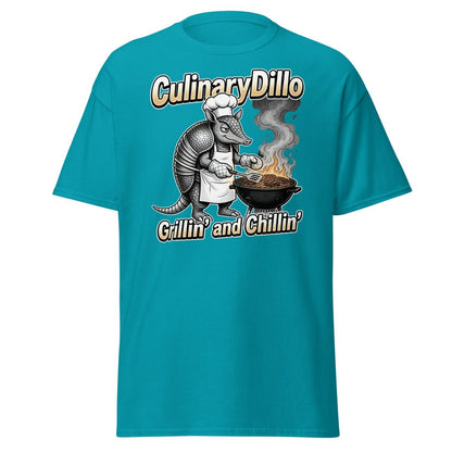 CulinaryDillo Grillin' and Chillin' Armadillo BBQ T-Shirt - Tropical Blue - TeeRipple