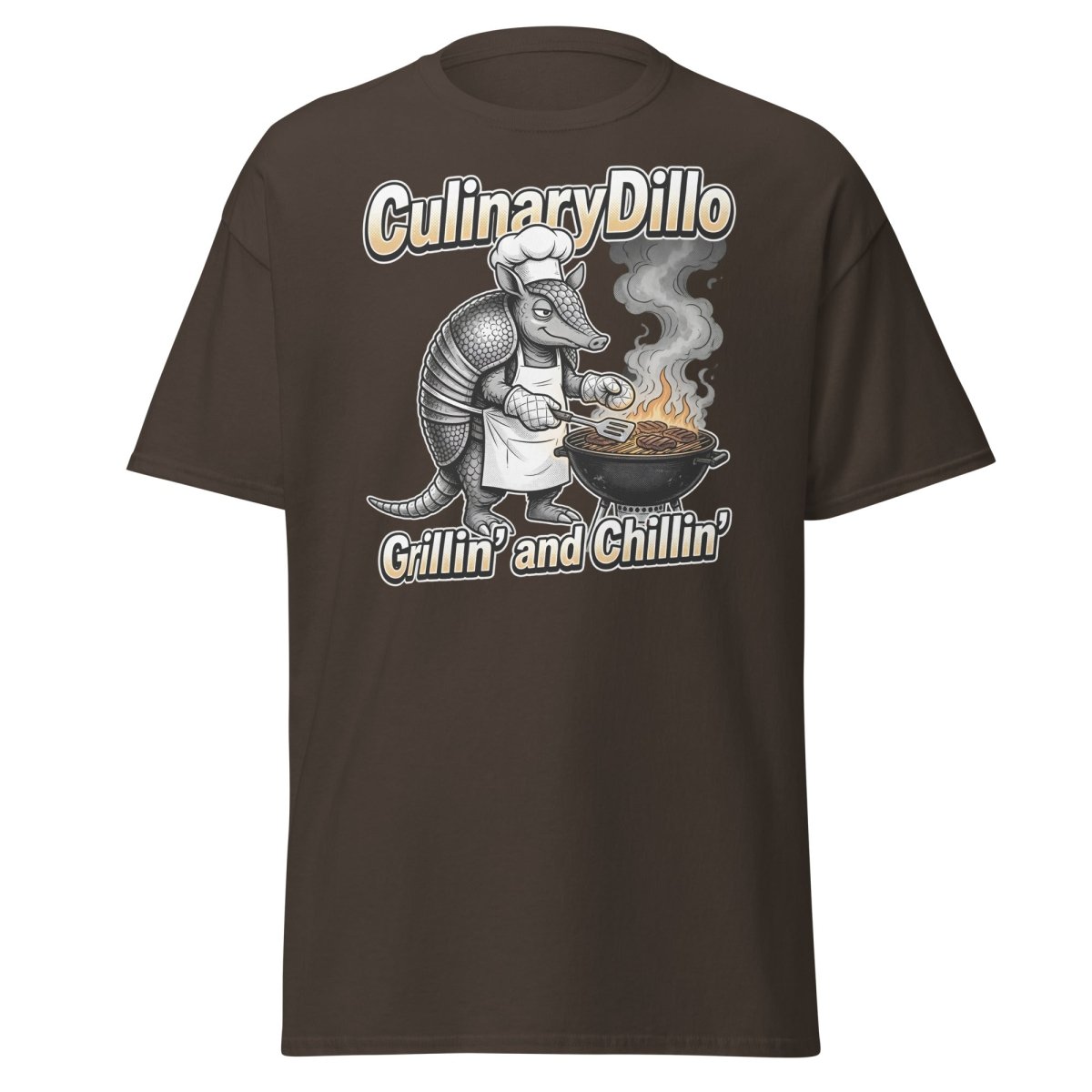 CulinaryDillo Grillin' and Chillin' Armadillo BBQ T-Shirt - Dark Chocolate - TeeRipple