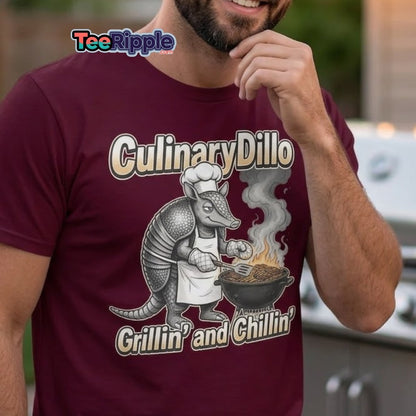 CulinaryDillo Grillin' and Chillin' Armadillo BBQ T-Shirt - Maroon - TeeRipple