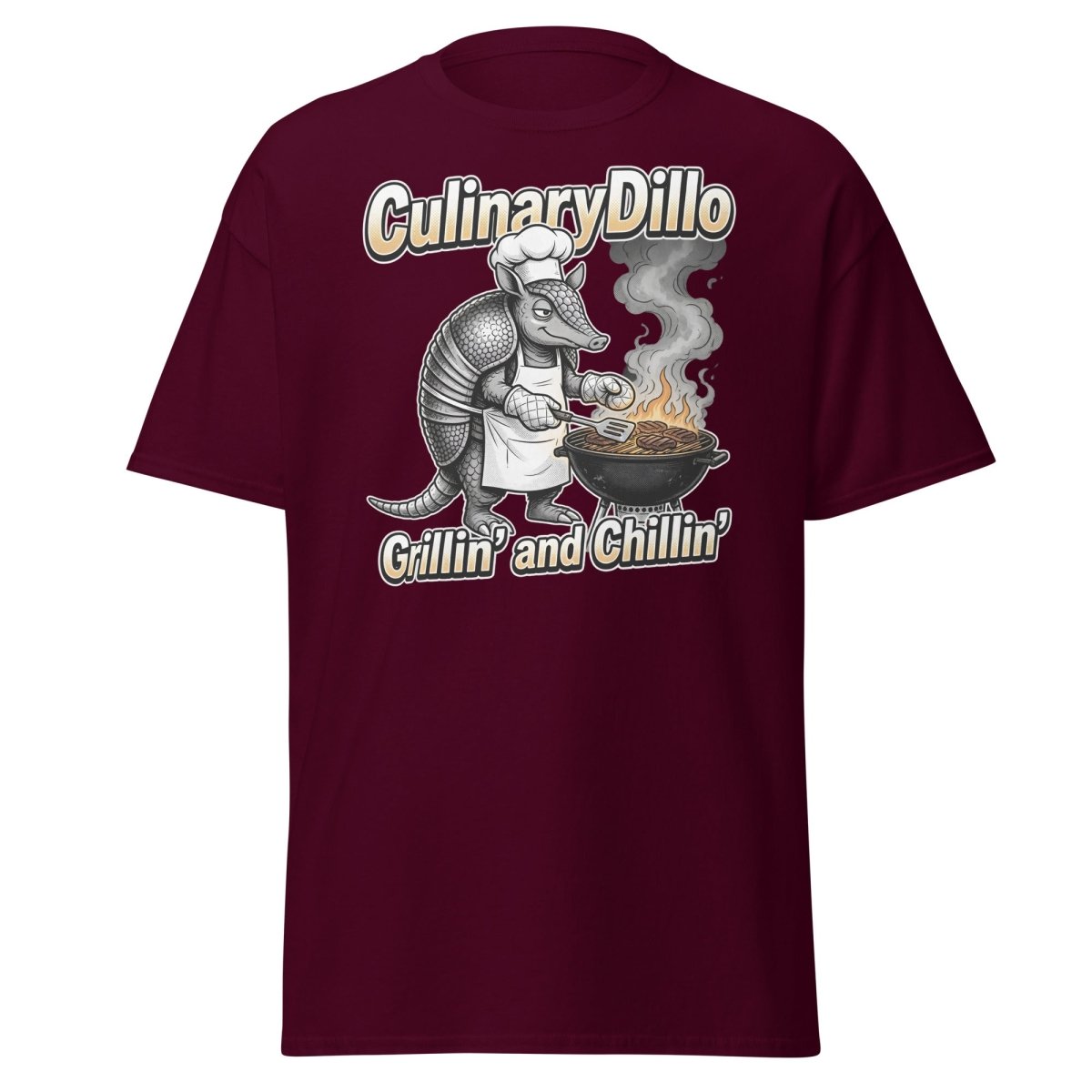 CulinaryDillo Grillin' and Chillin' Armadillo BBQ T-Shirt - Maroon - TeeRipple