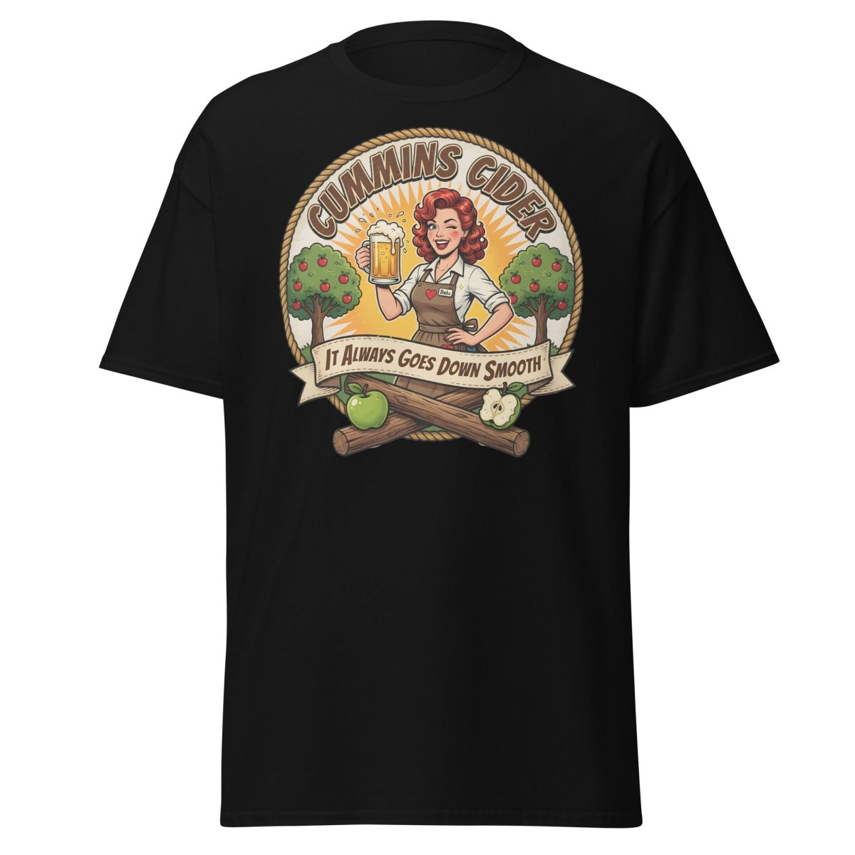 Cummins Cider Pinup Girl T-Shirt – Funny Adult Humor Tee - Black - TeeRipple