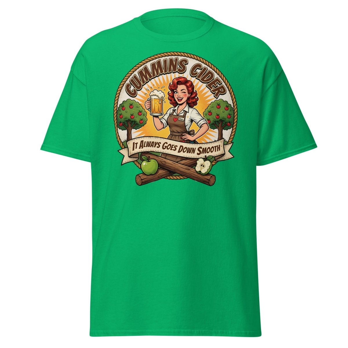 Cummins Cider Pinup Girl T-Shirt – Funny Adult Humor Tee - Irish Green - TeeRipple