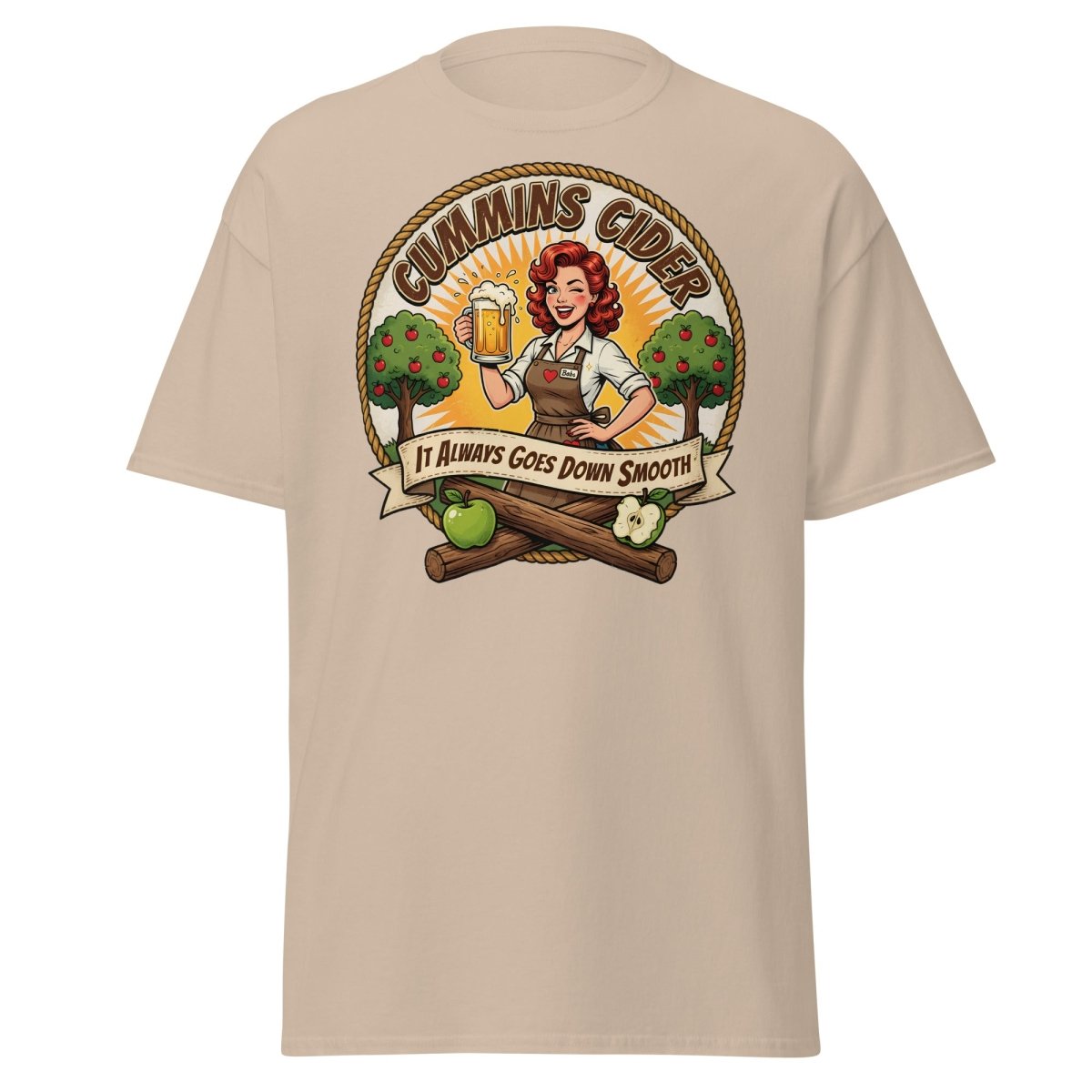 Cummins Cider Pinup Girl T-Shirt – Funny Adult Humor Tee - Sand - TeeRipple