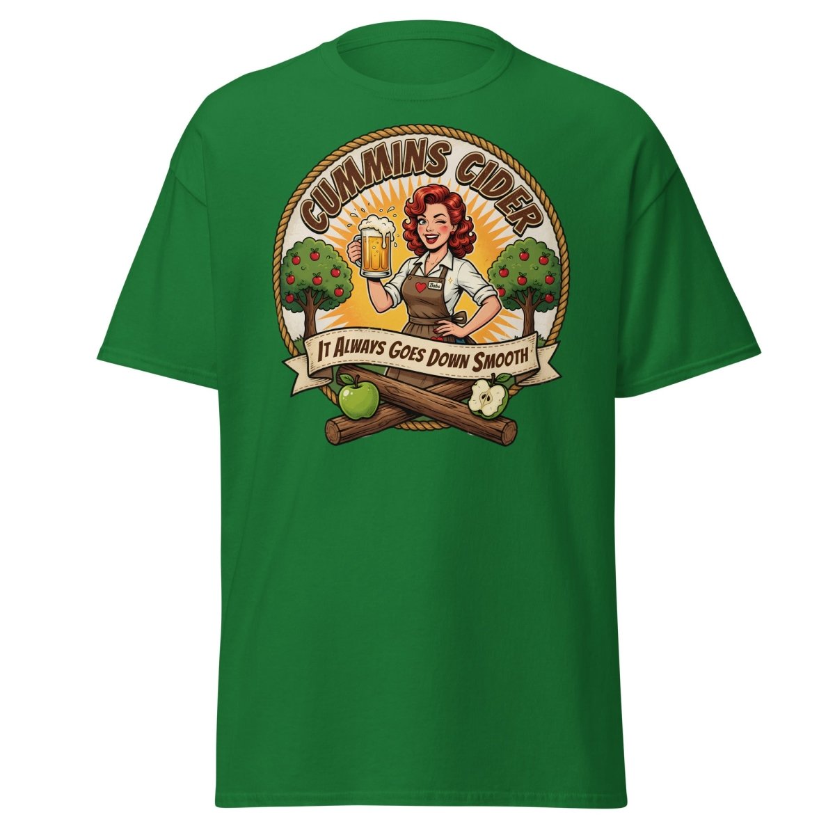 Cummins Cider Pinup Girl T-Shirt – Funny Adult Humor Tee - Turf Green - TeeRipple