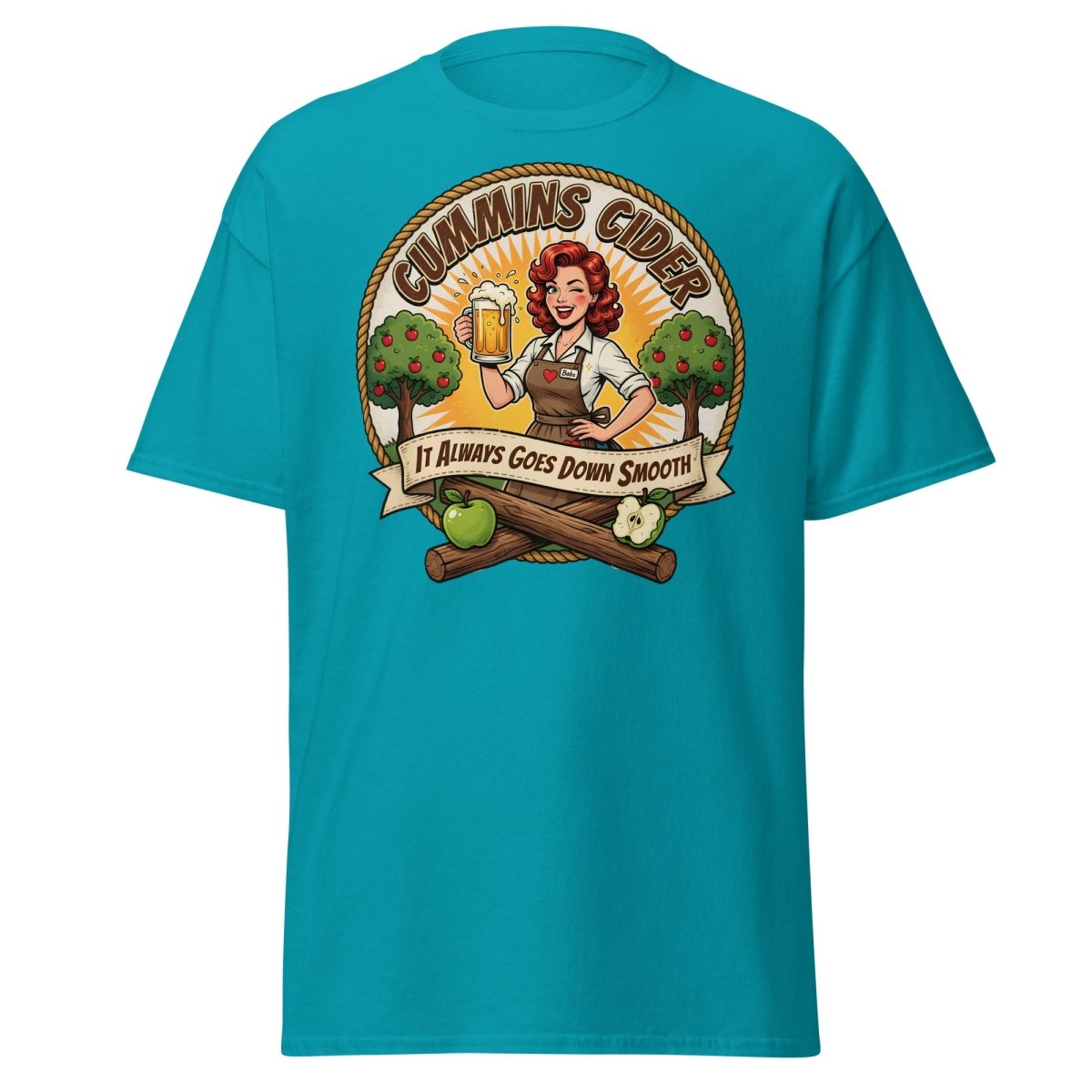 Cummins Cider Pinup Girl T-Shirt – Funny Adult Humor Tee - Tropical Blue - TeeRipple