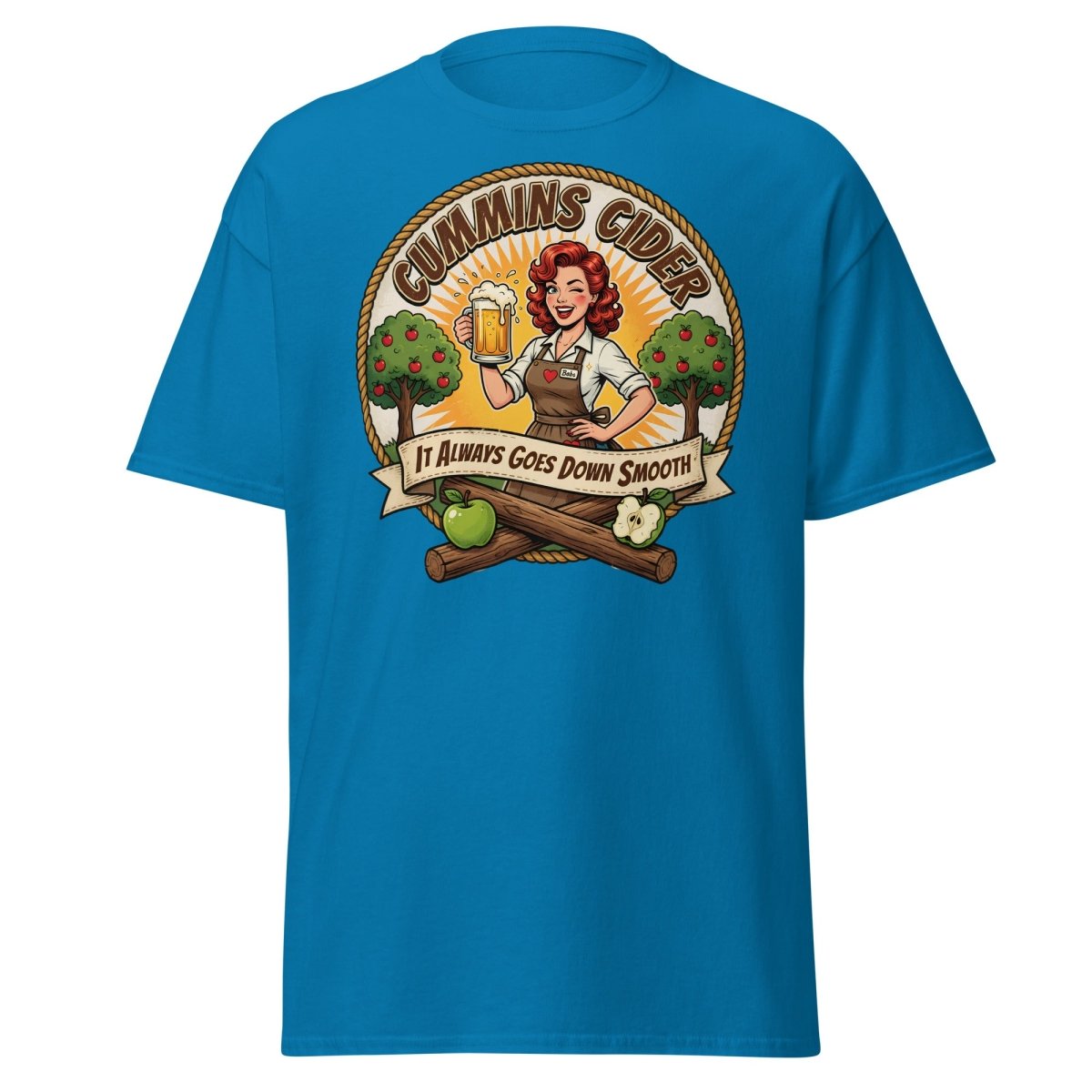 Cummins Cider Pinup Girl T-Shirt – Funny Adult Humor Tee - Sapphire - TeeRipple