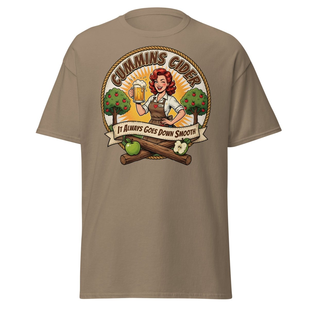 Cummins Cider Pinup Girl T-Shirt – Funny Adult Humor Tee - Brown Savana - TeeRipple