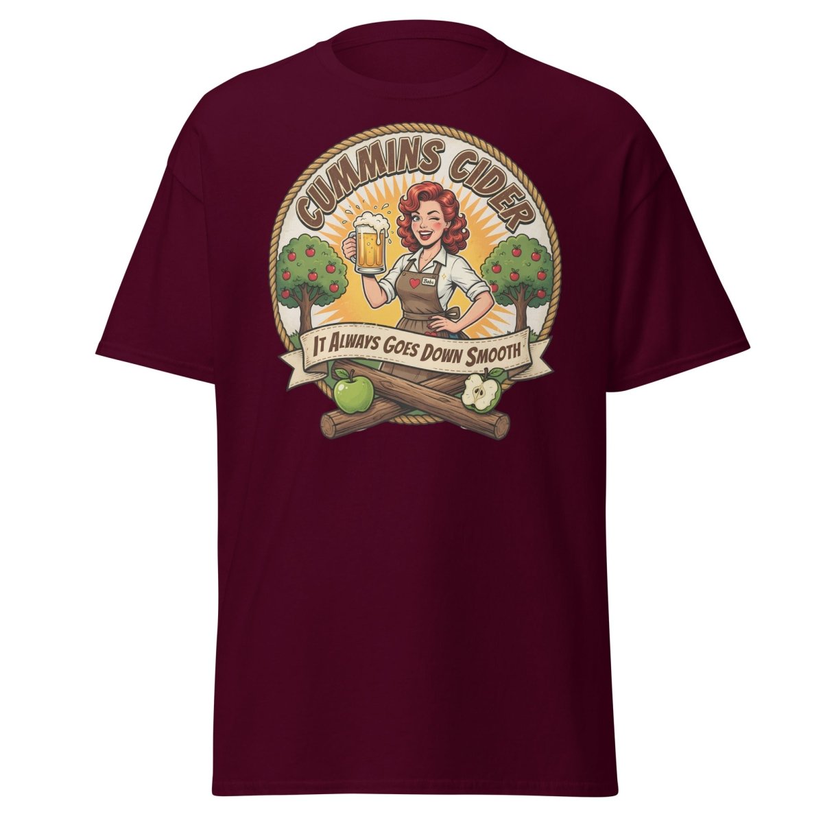Cummins Cider Pinup Girl T-Shirt – Funny Adult Humor Tee - Maroon - TeeRipple