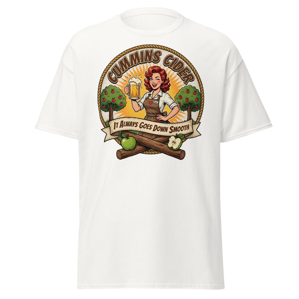 Cummins Cider Pinup Girl T-Shirt – Funny Adult Humor Tee - White - TeeRipple