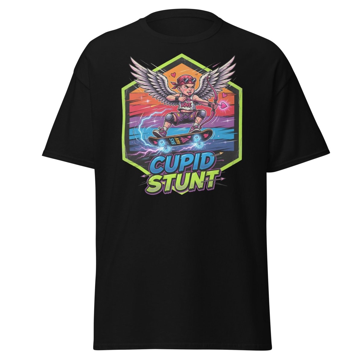 Cupid Stunt Skateboard T-Shirt - Funny Punk Cupid Graphic Tee - Black - TeeRipple