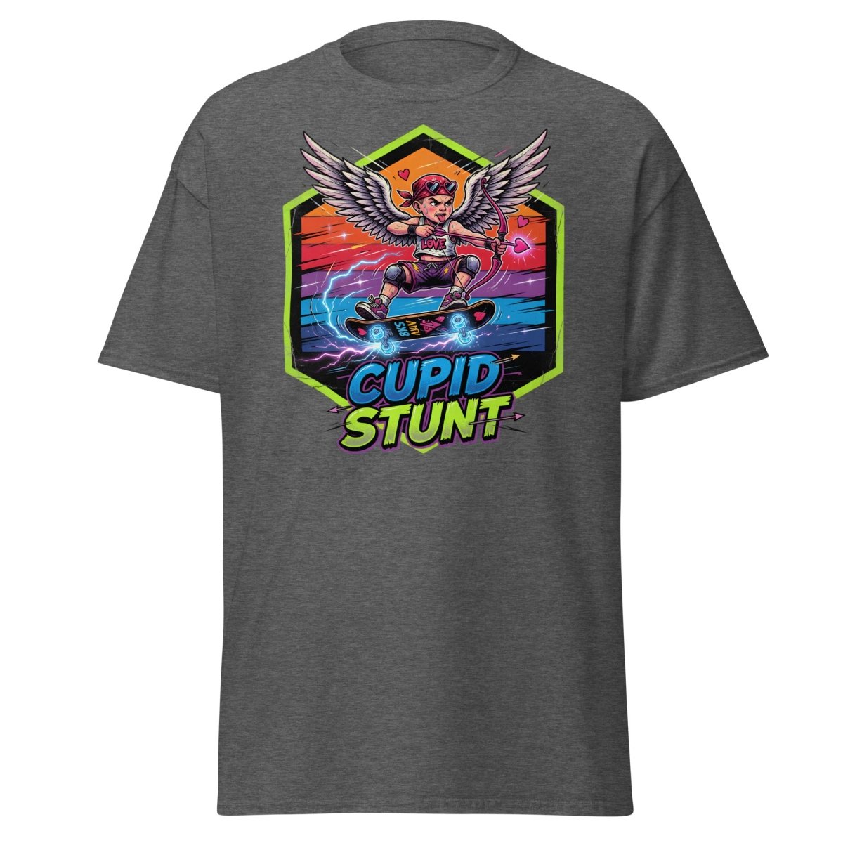 Cupid Stunt Skateboard T-Shirt - Funny Punk Cupid Graphic Tee - Dark Heather - TeeRipple