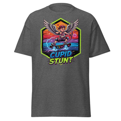 Cupid Stunt Skateboard T-Shirt - Funny Punk Cupid Graphic Tee - Dark Heather - TeeRipple