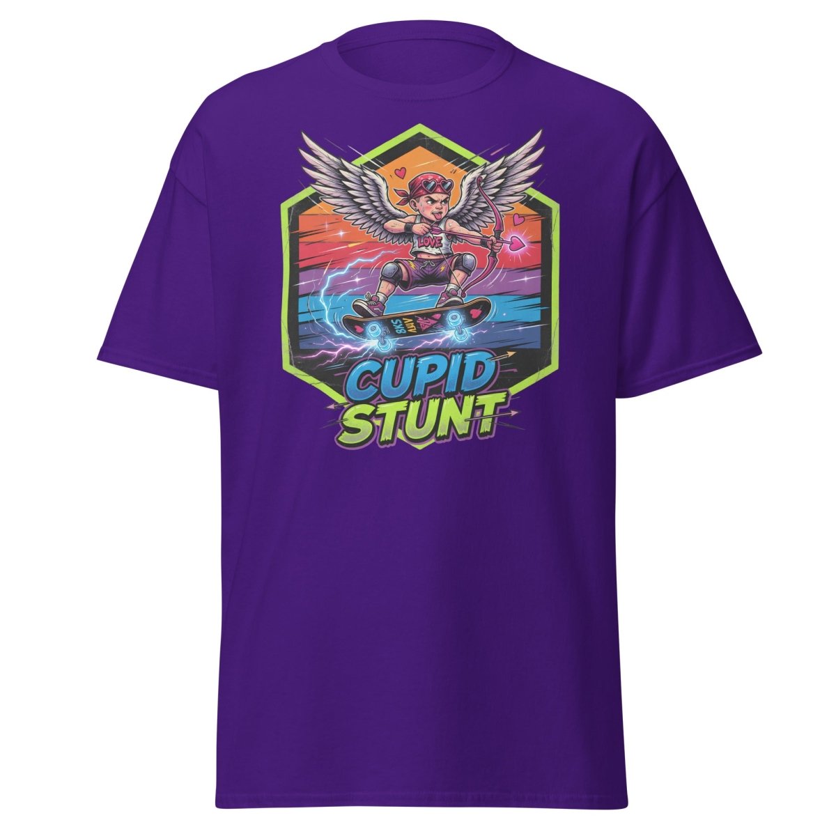 Cupid Stunt Skateboard T-Shirt - Funny Punk Cupid Graphic Tee - Purple - TeeRipple