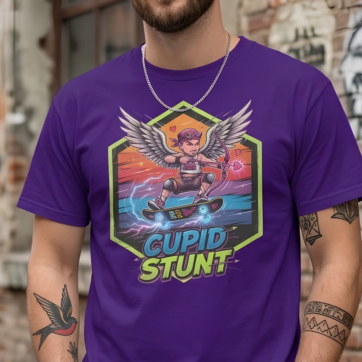 Cupid Stunt Skateboard T-Shirt - Funny Punk Cupid Graphic Tee - Maroon - TeeRipple