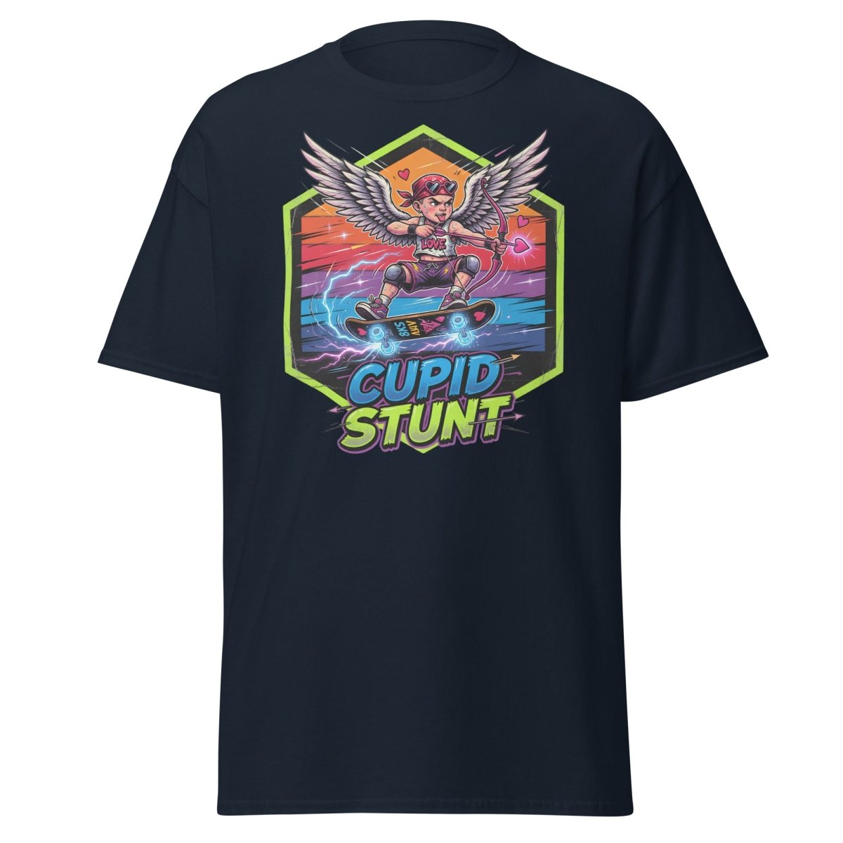 Cupid Stunt Skateboard T-Shirt - Funny Punk Cupid Graphic Tee - Navy - TeeRipple